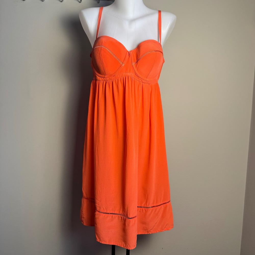 Vivid‎ Orange 100% Silk Bustier A-Line Dress Ruffle Shirring Eyelet Accents XL